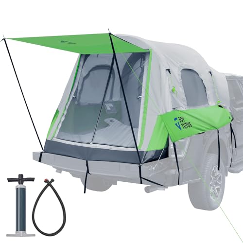 JOYTUTUS Inflatable Truck Bed Tent 5.5FT with Awning, Includes Air Pump for Quick 30 S Setup, Dual-use Pickup or Camping Tent for 2 Person, Waterproof Roof Shade and 3 Windows, Gray Green