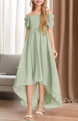 POMUYOO Cold Shoulder Junior Bridesmaid Dress for Wedding High Low Chiffon Teen Girls Party Pageant Gowns YG3404