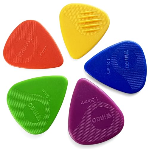 WINGO Púas de guitarra con agarre estampado, antideslizantes, paquete de 5 (073, 088, 1.0, 1.25, 1.5 mm) para guitarra eléctrica acústica y bajo