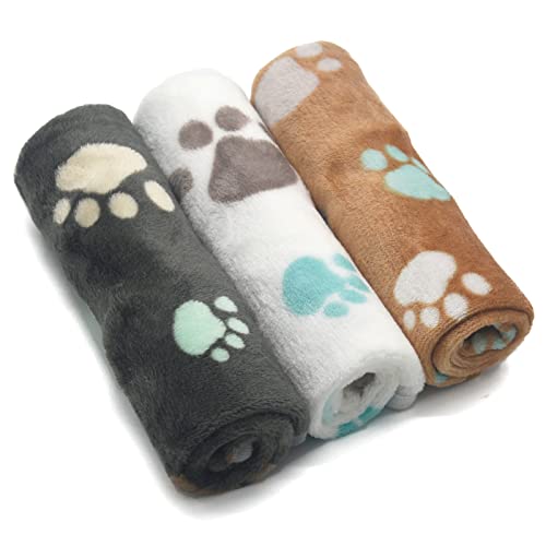 Image of 1 Pack 3 Puppy Blankets Super Soft Warm Sleep Mat Cute PAW Print Blanket Fleece Pet Blanket Flannel Throw Dog Blankets for Small Dogs Puppy Cats,Gray /White /Brown-Small(23 inchx15 inch)