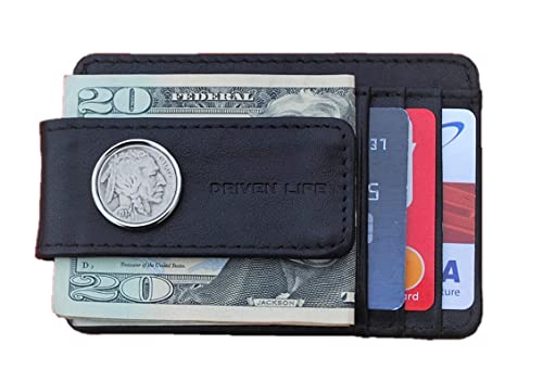 US 1937 Indian Head Buffalo Nickel Coin Genuine Full-Grain Black Leather Magnetic Money Clip Wallet & Card Holder RFID Blocking