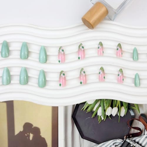 YOSOMMK Green Press on Nails Medium Cat Eye Almond Fake Nails with Flower Glitter Designs Glossy Acrylic Nail Spring Glue on False Nail for Women - Image 6