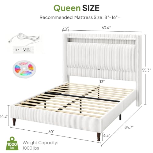 Image of Queen Size Bed Frame with 55.3 inch Tall Headboard, Corduroy Upholstered,White