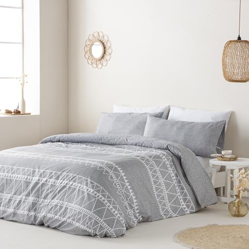 COTTON ARTean Funda Nórdica Reversible Cama 105 NAVIA gris Microfibra cepillada Funda edredón 180x220 + 1 funda almohada Cierre Botones