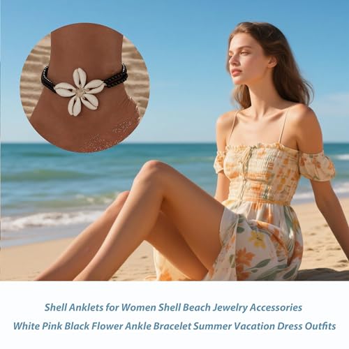 Image of Shell Anklets for Women Shell Beach Jewelry Accessories White Pink Black Flower Ankle Bracelet Summer Vacation Dress Outfits