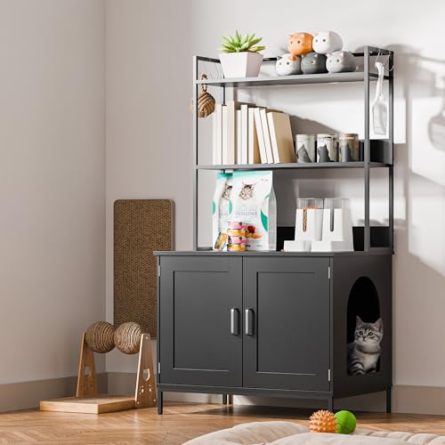 Cozy Castle Litter Box Enclosure, 57'' Cat Litter Box Furniture with Large Cabinet, Shelves and 4...
