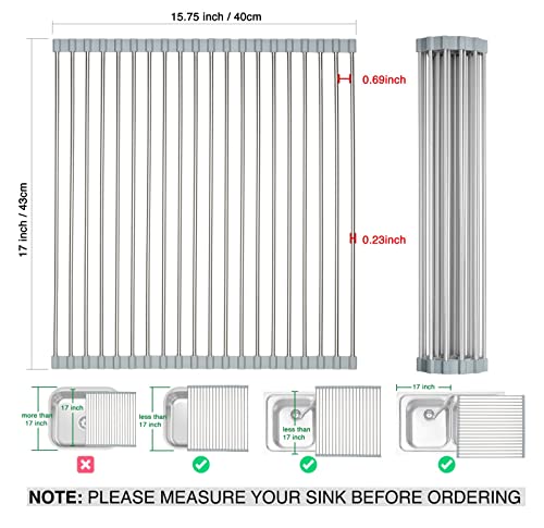 Roll Up Dish Drying Rack 17"x 15.7" foldable Over The Sink Stainless Steel Dishes Drying Rack Portable Dish Drainer Multipurpose for Kitchen Fruit Veggie Dryer With Silicone Heat Resist Over Drain