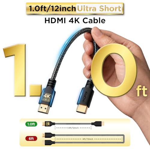 Image of PowerBear 4K HDMI Cable 1 ft | Short Hdmi Cable, Braided Nylon & Gold Connectors, 4K @ 60Hz, Ultra HD, 2K, 1080P, ARC & CL3 Rated | for Laptop, Monitor, PS5, PS4, Xbox One, Fire TV, Apple TV & More