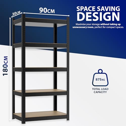 ZENO 5-Tier Garage Shelving Units | Set of 2 Shelving Units | Heavy Duty Garage Shelving | Shelving Units For Storage | Metal Storage Shelves | Easy To Assemble | 875KG Load Capacity (Black, Large) - Image 3