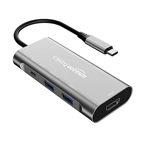 Image of Amazon Basics USB-C Hub Dock 7-in-1 with 4K 30HZ HDCP Compliant, Aluminium Type C Adapter with 4K HDMI Port, USB 3.0 Port, USB-C Power Delivery, TF /SD Card Reader, Mac and Windows USB-C Devices