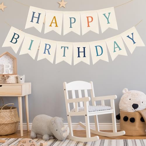 Image of Doumeny Happy Birthday Burlap Banner Boho Birthday Bunting Garland Blue Bohemian Sign Flag White Birthday Hanging Banner Pastel Rainbow Party Decor for Home Mantel Fireplace Nursery Party Backdrop
