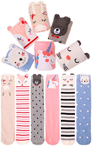 Girls Knee High Socks Soft Warm Cotton Lovely Novelty Socks Cute Animal Pattern 6 Pairs (3-12 Years Old, Animal C)