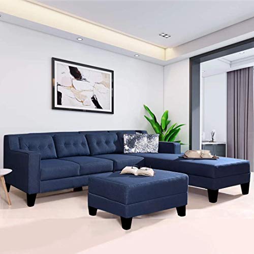 Image of CASASTYLE Travia 6 Seater Fabric RHS L Shape Sofa Set with Ottoman (Blue)