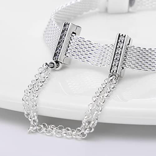 KUNSIR 925 Sterling Silver Clip-On Charm for Reflexions Mesh Bracelet Charm Bead fits Flat charm Bracelets Gift for Women（Double safety chain）2
