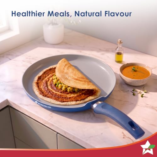 Image of Wonderchef Natura Ceramic Dosa Tawa for Cooking, 28cm, Non-Toxic Chemical-Free Coating, PFOA /PFAS-Free, for Kitchen, Scratch-Resistant, Gas & Induction Compatible, 2-Yr Warranty, Teal Blue