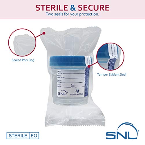 Snl Quality Sterile Specimen Cups [3Oz/90Ml - 5 Pack], Screw-On Lid With Double Tamper Evident Seals, Blue Cover #TOP1