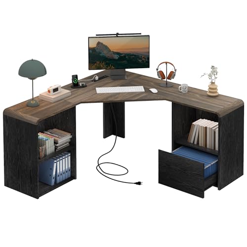 Homiflex 60' L Shaped Desk with File Drawer Modern Corner Computer Desk with Storage L Shape Home Office Desk Executive Desk with Power Outlets Storage Shelves File Cabinet for Working Writing Black