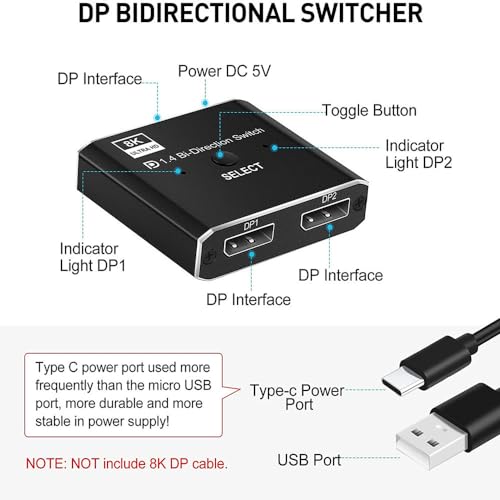 HALOULENI Displayport Switch 8K Bidirectional DP 1.4 Switch 8K @60Hz 4K @120Hz Displayport Switcher 1 to 2/2 in 1 Out with LED Indicator for Monitor Projector TV PC Laptop