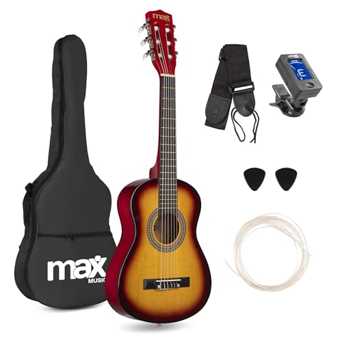 MAX SoloArt guitarra clásica infantil 1/4 para niños 3-6 años, cuerdas de nailon suaves, set con funda tipo mochila, púas, afinador digital y cuerdas extra, diseño Sunburst