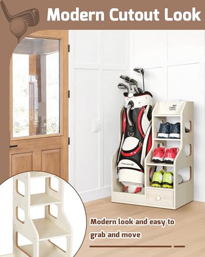 Image of Mythinglogic Wooden Golf Bag Storage Rack for 1 Full-Size Bag with Drawer