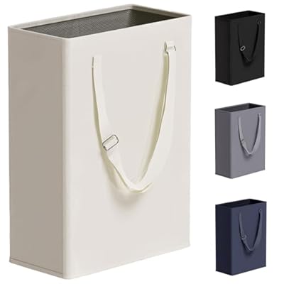 TECHMILLY Slim Laundry Hamper with Adjustable Long Handles, 45L Small Laundry Baskets with Mesh Top, Narrow Dirty Clothes Hamper for Bedroom, Closet, and Bathroom - Beige