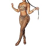 Molilove Womens Cheetah Print 2 Piece Outfits Leopard Sleeveless Halter Tube Top Bodycon Pants Set Sexy Y2K Clubwear