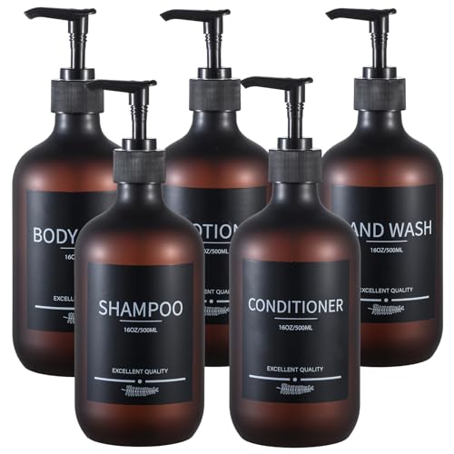 Shampoo Bottles Refillable with Pump (5Pack Matte Amber) Plastic 16.9oz Amber Reusable Shampoo and Conditioner Bottles,Bathroom Bottles with Pump and Labels