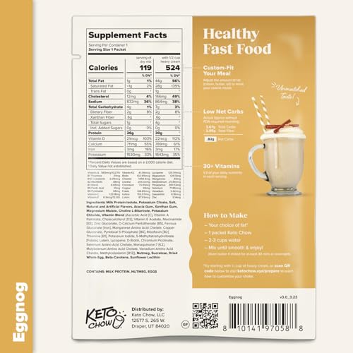 Keto Chow Eggnog | Keto Meal Replacement Shake Powder | Nutritionally Complete Food | Low Carb Keto Meals | Delicious Easy Meal Substitute Drink | Protein Rich You Choose The Fat| Single Meal Sample