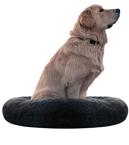 Comlax Beruhigende Donut Hundebetten XXL, Rundes Kissen mit abnehmbarem waschbarem Bezug, Anti-Angst-Kunstfell-Kuscheltier, Flauschiges, bequemes, pelziges Haustierbett (100cm, Dunkel Grau)