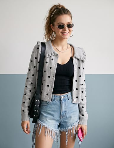 Image of HOCANDY Women Ruffle Collar Cardigan Sweater Preppy Cute Button Up Sweaters