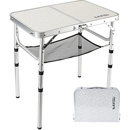 Small Folding Table 2 Foot, Portable Camping Table with Mesh Holders,Lightweight Aluminum Adjustable Height, with Carry Handle for Camping Picnic Indoor Outdoor, White 24 x 16 inch (3 Height