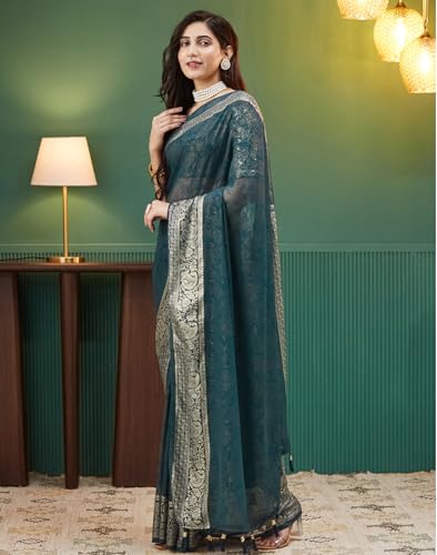 Image of SIRIL Women's Georgette Foil Printed Saree with Unstitched Blouse Piece