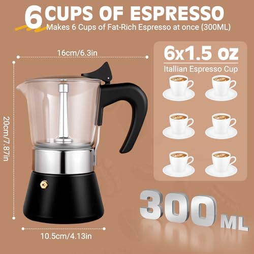 Image of 6 Cup 300ml Glass Moka Pot, Stovetop Espresso Maker, Black | Crystal Glass-top & Stainless Steel Coffee Maker, Induction Compatible, for Greca de Cafe, Cuban and Italian Coffee Brewing
