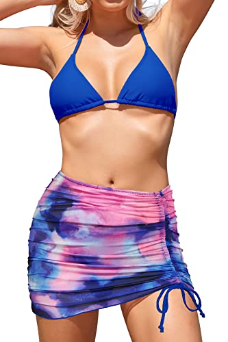 Image of SHEKINI Women Triangle Bikini Set Padded Swimming Costume 3 Piece Halter Thong Bikini Sets Sexy Bikini Bottoms Beach Cover Up Bathing Swimsuit Blue