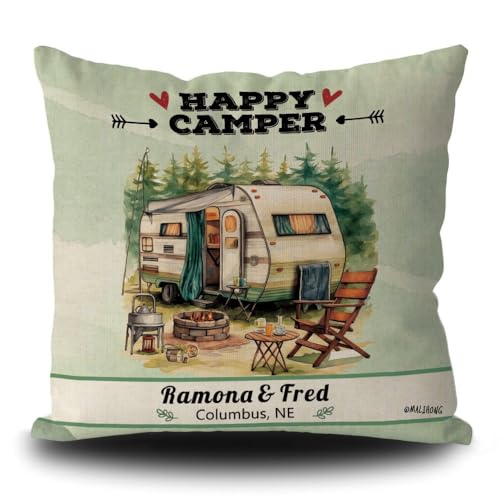 MALIHONG Personalized Happy Campers Throw Pillow Cover RV Campsite Decoration Pillow Case Fireplace Camping Decor Cushion Cover for Sofa Couch Bed 18x18 Inch Style 28