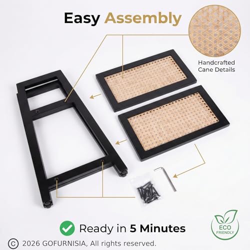 Image of GOFURNISIA Handcrafted Wooden Rattan Display Rack | 2-Tier Premium Vanity Countertop Shelf for Cosmetics | Dining Table Decor Rack | Solid Wood + Natural Cane Webbing | Made in India | Black, Beige