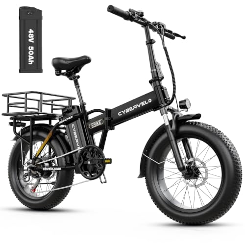 Image of Cybervelo 750W Folding Electric Bike, 48V 20.8AH /50AH Large Removable Battery E-Bike, 80 Miles Max Range, 20 inch Fat Tire Electric Bike for Adults, Adult Electric Bicycles for Commute
