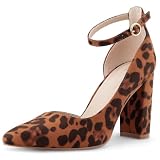 PARTY Women's Closed Toe Pumps 3-Inch Chunky Heels Ankle Strap,Leopard Su,9,S1