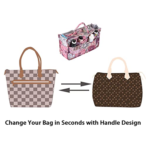 Btsky Printing Handbag Organizers Inside Purse Insert - High Capacity 13 Pockets Bag Tote Organizer With Handle (Peony) #TOP4