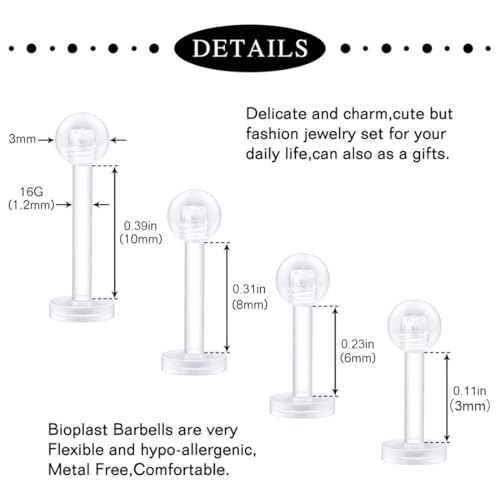 ZAMXHUG 20pcs Plastik Lippenpiercing Labret Stecker 1,2mm Flexibel Piercing Lippe Monroe Helix Retainer, Piercing stecker Flexibles Acryl für Frauen Männer 6mm/8mm/10mm/12mm