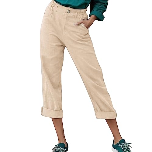 Hose Damen Sommer Casual Baumwolle Leinen Stoffhose Einfarbig Freizeithose...