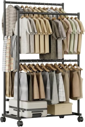 Tujurich Clothes Rack - 36.2" x 21.3" x 72", 4-Bar Double Rod Rolling Metal Clothing Rack for Hanging Clothes, Portable Garment Rack with Wheels for Bedroom Laundry, Closet Wardrobe, Black
