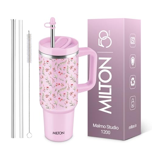 Image of MILTON Malmo 1200 Thermosteel Double Wall Vacuum Insulated Stainless Steel Tumbler with Handle 1100ml, Travel Mug with Straw,Silicon Cap,Cleaning Brush,Hot & Cold Beverage Flask,Floral Pink