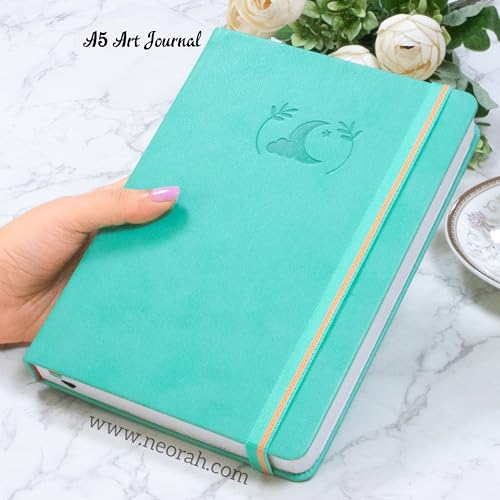 Image of NEORAH - A5 - ART JOURNAL | 200 Gsm Dotgrid Notebook | 160 Pages(21.0 x 14.8 cm) |Hard Cover | 3 Bookmarks | Elastic Closure | Back Pocket | Ideal - Bujo,Drawing & Painting, Junk Journal (Teal)