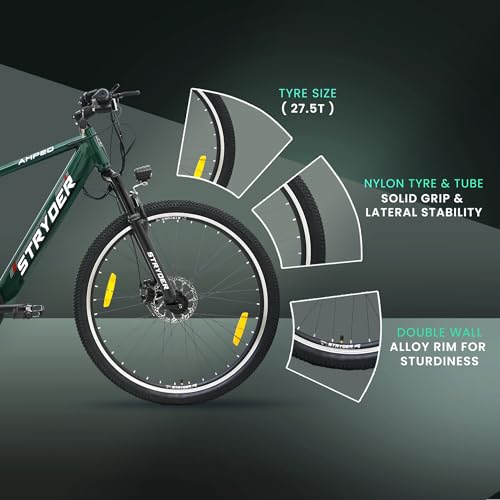 Image of Stryder Amped 27.5T Electric Cycle for Men & Women 36V Internal Battery Upto 35km Range Waterproof LCD Display EN06 Dual Disc Brakes Front Suspension || Height 5.4 to 6 feet Green