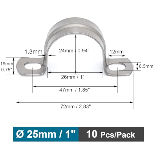 Heavy Duty Pipe Clamps 1" FamlTol U Pipe Brackets 304 Stainless Steel Tube clamp Rigid Pipe Strap for Pipes and Cables | 25 mm | 10 pcs - Image 2