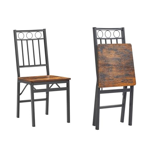JOIN IRON Folding Dining Chair Set of 2, Foldable Kitchen Chairs, Metal Frame, no Assembly Required, Easy to Store, Suitable for Small Spaces, Rustic Brown (Padded Seat) (Wooden seat)