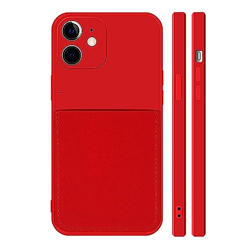 Ultra Slim Liquid Silicon Gel Case Compatible For Iphone 12 Mini 5.4 Inch 2020 With Card Holder Sleeves Slot Anti-Scratch Shockproof Wallet Cover With Screen Protector (Red) #TOP2