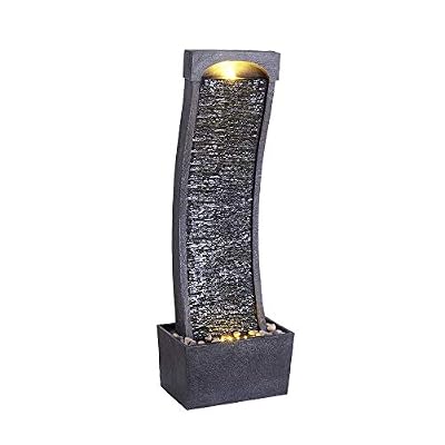 Teamson Home 38.5" Modern Curved Outdoor Water Fountain – Freestanding Floor Garden Waterfall Fountain with LED Lights, Weatherproof Polyresin Water Feature for Patio, Yard, Black & Stone Gray