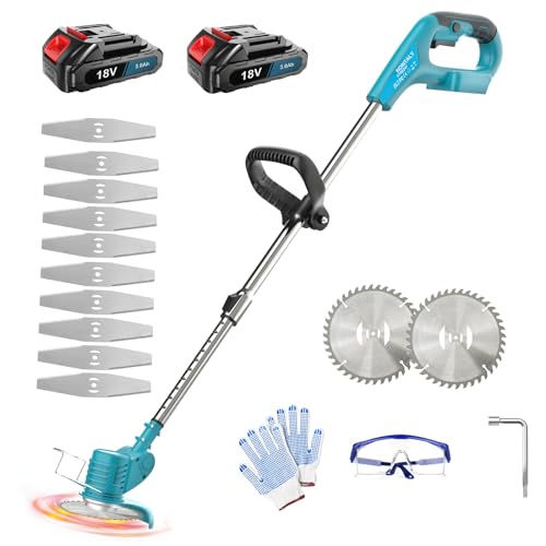 18V Cordless Strimmer, Compatible with Makita 18V Battery, w/ 12PCS Blades, 2 x 3.0Ah Battery & Charger, 90° Head pivots, Retractable handle, Electric Garden Strimmers Lawn Edger Tool